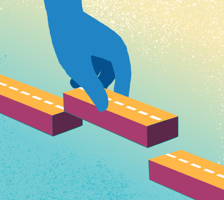 pavaizduotas kelias padalintas į dvi dalis ir ranka, kuri deda trūkstamą kelio dalio dalį.