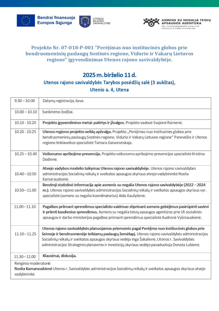 2025 m. birželio 11 d.
Utenos rajono savivaldybės Tarybos posėdžių salė (3 aukštas),
Utenio a. 4, Utena
9.30 – 10.00 Dalyvių registracija, kava.
10.00 – 10.10 Sveikinimo žodžiai.
10.10 - 10.20 Projekto įgyvendinimo metai: patirtys ir įžvalgos. Projekto vadovė Svajonė Rainienė.
10.20 - 10.25 Utenos regiono projekto veiklų apžvalga. Projekto „Perėjimas nuo institucinės globos prie bendruomeninių paslaugų Sostinės regione, Vidurio ir Vakarų Lietuvos regione” Panevėžio ir Utenos regiono tinklaveikos specialistė Tamara Gaivoronskaja.
10.25 – 10.40 Veiksnumo apribojimo prevencija. Projekto veiksnumo apribojimo prevencijos specialistė Kristina Dodienė.
10.40 – 10.50 Atvejo vadybos modelio taikymas Utenos rajono savivaldybėje. Utenos rajono savivaldybės administracijos Socialinių reikalų ir sveikatos apsaugos skyriaus atvejo vadybininkė Rosita Kamarauskienė.
10.50 – 11.00 Bendroji statistinė informacija apie asmenis su negalia Utenos rajono savivaldybėje (2022 – 2024 m.). Utenos rajono savivaldybės administracijos Socialinių reikalų ir sveikatos apsaugos skyriaus vyr. specialistė (asmens su negalia koordinatorius) Aida Kaušylienė.
11.00 – 11.10 Pagalbos priimant sprendimus specialisto vaidmuo stiprinant asmens gebėjimus pasirūpinti savimi ir priimti kasdienius sprendimus. Asmens su negalia teisių apsaugos agentūros prie LR socialinės apsaugos ir darbo ministerijos pagalbos priimant sprendimus specialistė Audronė Vyšniauskienė.
11.10 – 11.25 Utenos rajono savivaldybės planuojamos priemonės pagal Perėjimo nuo institucinės globos prie šeimoje ir bendruomenėje teikiamų paslaugų žemėlapį. Utenos rajono savivaldybės administracijos Socialinių reikalų ir sveikatos apsaugos skyriaus vedėja Inga Šakalienė, Utenos r. Savivaldybės administracijos Strateginio planavimo ir investicijų skyriaus vedėjo pavaduotoja Donata Lubienė.
11.30 – 12.00 Klausimai, diskusija.
Renginio moderatorė:
Rosita Kamarauskienė Utenos r. Savivaldybės administracijos Socialinių reikalų ir sveikatos apsaugos skyriaus atvejo vadybininkė.