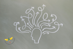 Grafinis elementas su nupiešta galva. Iš jos į viršų ir šonus tįsta banguotos rodyklės.