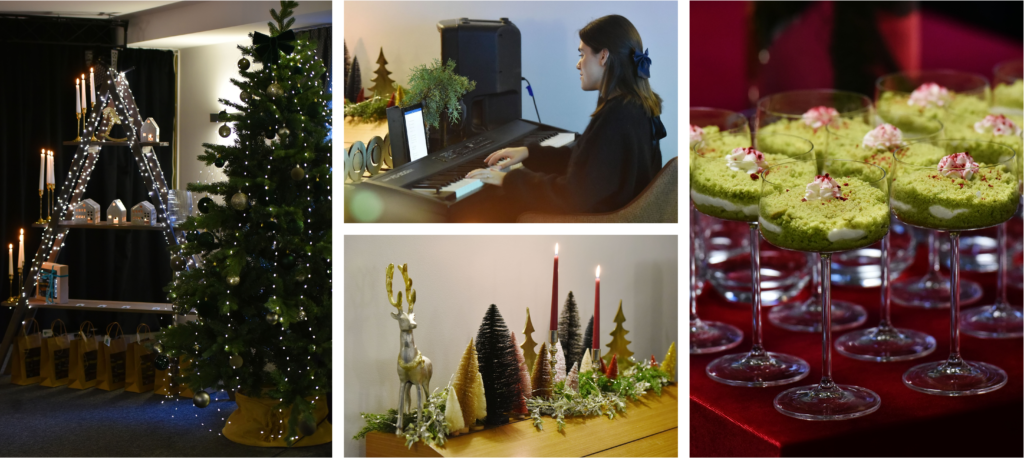 Nuotraukų koliažas. Kairėje: Kalėdinė erdvė – eglė su lemputėmis ir šalia stovinti dekoratyvi trikampė lentyna su žvakėmis ir šviečiančiais nameliais. Apačioje sudėto dovanų maišeliai.
Viršuje centre: Moteris groja skaitmeniniu pianinu, šalia jos – dekoracijos ir garso aparatūra.
Apačioje centre: Ant stalo išdėliotos kalėdinės dekoracijos – įvairių spalvų dekoratyviniai medeliai, žvakės ir auksinis elnias.
Dešinėje: Ant stalo išrikiuotos stiklinės taurės su žaliu kremu-desertu, puoštos balta grietinėle ir rausvais trupiniais.