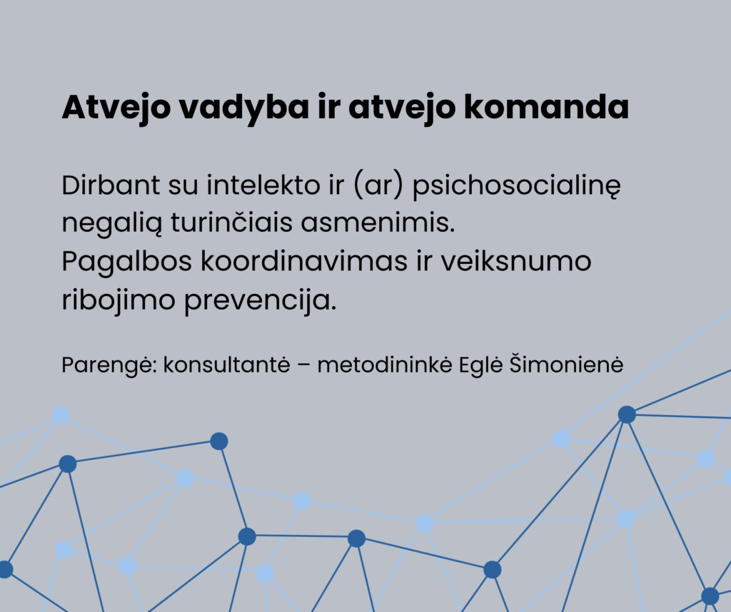 Tai skaidrės viršelis su tekstu. Pilkas fonas. Viršuje didelėmis raidėmis parašyta: „Atvejo vadyba ir atvejo komanda“. Žemiau – paaiškinimas:
„Dirbant su intelekto ir (ar) psichosocialinę negalią turinčiais asmenimis. Pagalbos koordinavimas ir veiksnumo ribojimo prevencija.“ Dar žemiau nurodyta:
„Parengė: konsultantė – metodininkė Eglė Šimonienė“. Apačioje – dekoratyvinė grafika: mėlyni taškai, sujungti linijomis, primenantys tinklą ar komandą. Grafika informacijos neprideda, tik vizualiai papuošia skaidrę.
