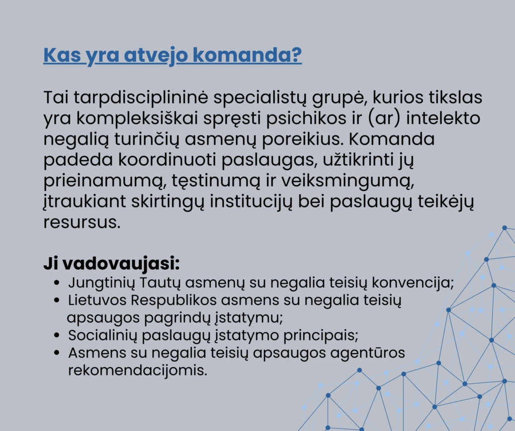Tai informacinė skaidrė su tekstu, be svarbių vaizdinių elementų. Viršuje mėlynu, pabrauktu šriftu antraštė: „Kas yra atvejo komanda?“ Po antrašte pateiktas išsamus aprašymas, kad atvejo komanda yra tarpdalykinė specialistų grupė, kuri kompleksiškai sprendžia psichikos ir (ar) intelekto negalią turinčių asmenų poreikius. Pabrėžiama, kad komanda koordinuoja paslaugas, užtikrina jų prieinamumą, tęstinumą ir veiksmingumą, telkdama skirtingų institucijų ir paslaugų teikėjų resursus. Žemiau – paryškintas poskyris:
„Ji vadovaujasi:“ Po juo – keturi punktai su teisės aktais ir dokumentais: Jungtinių Tautų asmenų su negalia teisių konvencija; Lietuvos Respublikos asmens su negalia teisių apsaugos pagrindų įstatymu; Socialinių paslaugų įstatymo principais; Asmens su negalia teisių apsaugos agentūros rekomendacijomis. Dešinėje ir apačioje – dekoratyvinė grafika: mėlyni taškai, sujungti linijomis, simbolizuojantys tinklą ar bendradarbiavimą. Grafika tik iliustracinė.