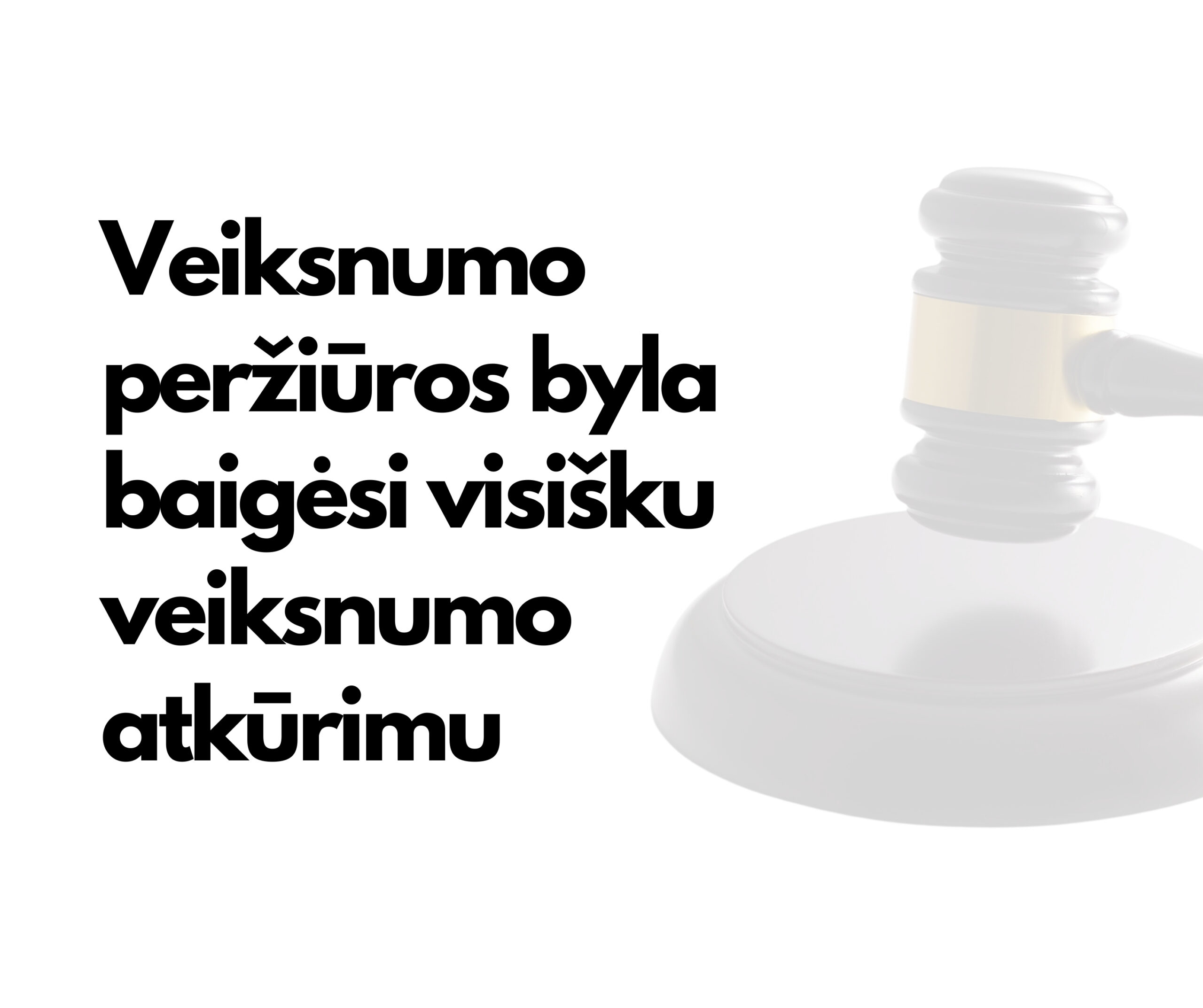 Nuotraukoje matomas šviesus, minimalistinis vaizdas su tekstu ir simboliniu objektu. Kairėje pusėje didelėmis, juodomis raidėmis lietuviškai parašyta: „Veiksnumo peržiūros byla baigėsi visišku veiksnumo atkūrimu.“ Dešinėje pusėje – švelniai išblukintas teisėjo plaktukas, laikomas virš apvalaus pagrindo. Plaktukas atrodo tarsi sustabdytas akimirkoje prieš smūgį. Foninė spalva balta, todėl vaizdas atrodo švarus ir oficialus.