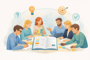 Tai piešta, stilizuota iliustracija. Šeši specialistai – vyrai ir moterys – sėdi prie stalo ir kartu rengia individualų pagalbos planą. Stalo centre atverstas dokumentas, aplink jį – užrašai, lipnūs lapeliai ir nešiojamas kompiuteris. Visi įsitraukę į diskusiją: vieni rašo, kiti aiškina ar siūlo idėjas. Virš jų pavaizduoti simboliai – lemputė, taikinys ir varnelė – perteikia idėjų generavimą, tikslų siekimą ir sprendimų įgyvendinimą.