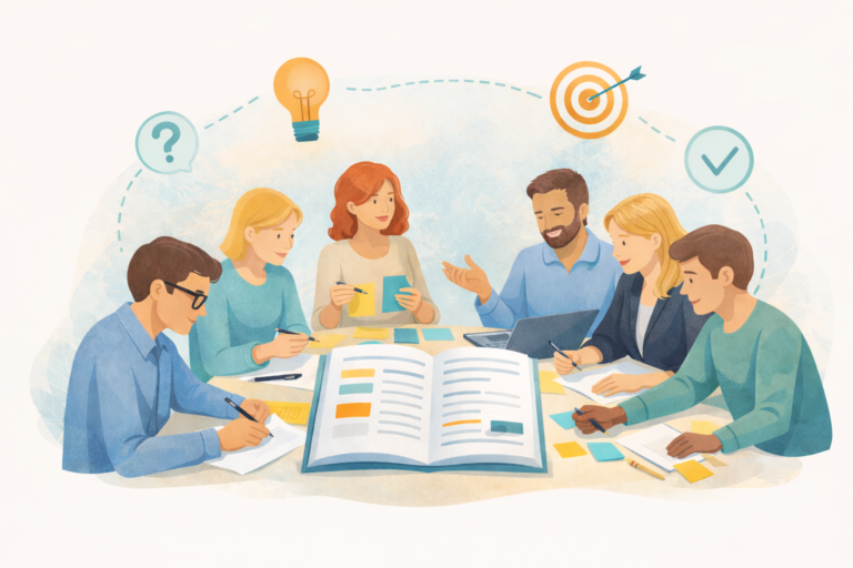 Tai piešta, stilizuota iliustracija. Šeši specialistai – vyrai ir moterys – sėdi prie stalo ir kartu rengia individualų pagalbos planą. Stalo centre atverstas dokumentas, aplink jį – užrašai, lipnūs lapeliai ir nešiojamas kompiuteris. Visi įsitraukę į diskusiją: vieni rašo, kiti aiškina ar siūlo idėjas. Virš jų pavaizduoti simboliai – lemputė, taikinys ir varnelė – perteikia idėjų generavimą, tikslų siekimą ir sprendimų įgyvendinimą.