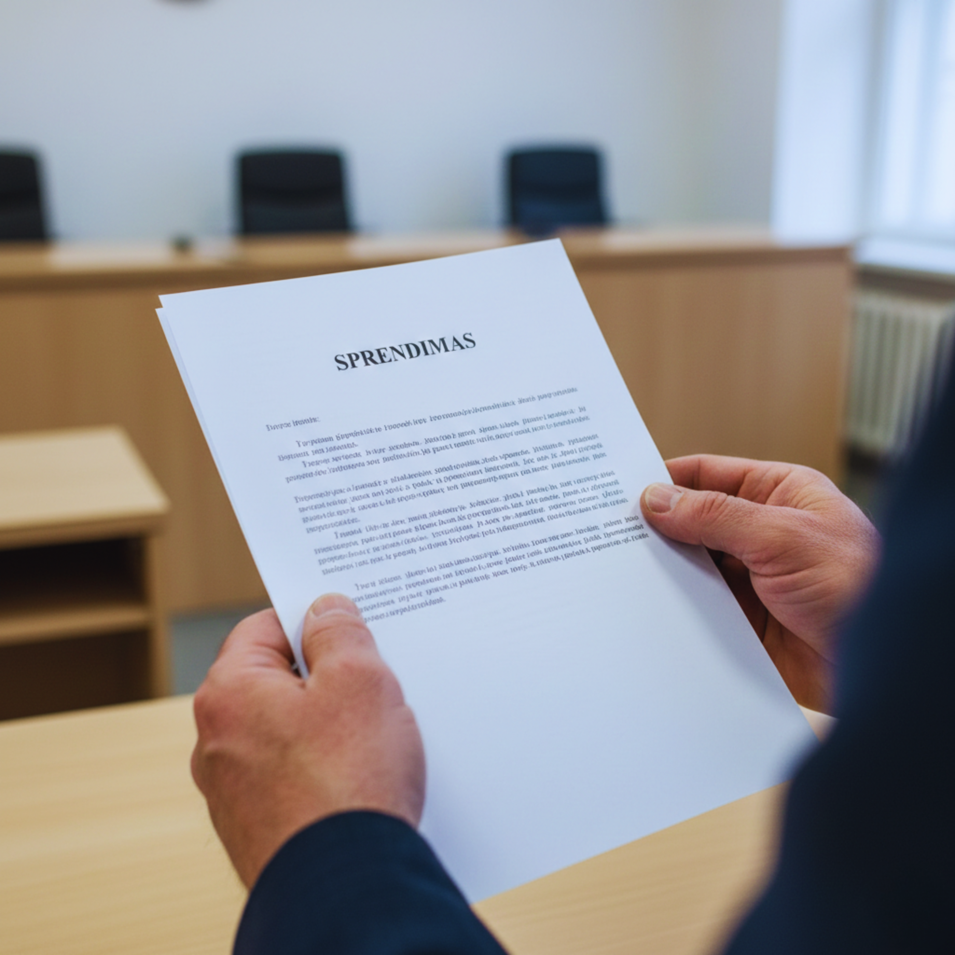 Nuotraukoje matyti žmogaus rankos, laikančios kelis balto popieriaus lapus. Viršuje aiškiai parašyta „SPRENDIMAS“, o žemiau – kelios pastraipos teksto. Žmogus vilki tamsų švarką. Fone matoma oficiali patalpa – ilgas medinis stalas su tuščiomis kėdėmis, panaši į teismo salę. Šone yra langas su radiatoriumi. Aplinka atrodo rimta ir oficiali.