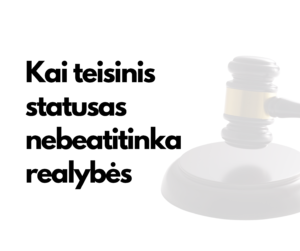 Šviesiame fone kairėje pusėje didelėmis juodomis raidėmis parašyta: „Kai teisinis statusas nebeatitinka realybės“. Dešinėje pusėje matomas pusiau permatomas teisėjo plaktukas su stovu šviesiame fone. Teksto ir iliustracijos kompozicija minimalistinė, siejama su teisinio statuso ir sprendimų tema.