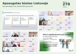 Grafinis koliažas, vaizduojantis nuotolinio renginio „Apsaugotas būstas Lietuvoje“ akimirkas. Jame sujungti skaidrių fragmentai ir vaizdo konferencijos langai, rodantys gausų dalyvių skaičių.
