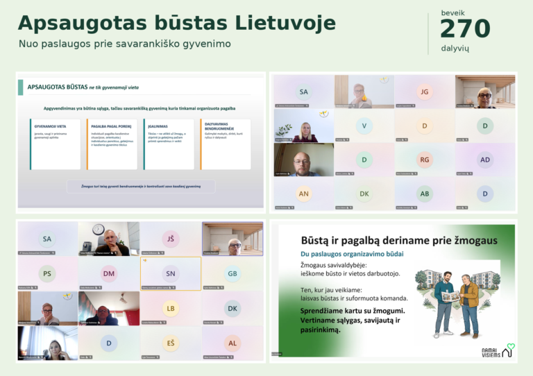Grafinis koliažas, vaizduojantis nuotolinio renginio „Apsaugotas būstas Lietuvoje“ akimirkas. Jame sujungti skaidrių fragmentai ir vaizdo konferencijos langai, rodantys gausų dalyvių skaičių.